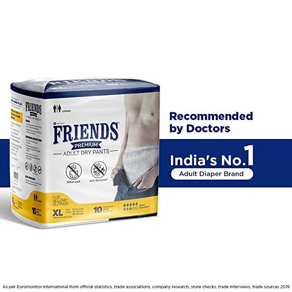 Buy Friends Premium Adult Diapers Pant Style - 10 Count - L- with odour  lock and Anti-Bacterial Absorbent Core- Waist Size 30- 56 Inch ; 76- 142cm  Online at Best Prices in India - JioMart.
